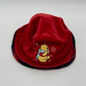 Vintage Baby Red Velveteen Winnie The Pooh Bucket Hat Plaid Embroidery Y2K 1990s